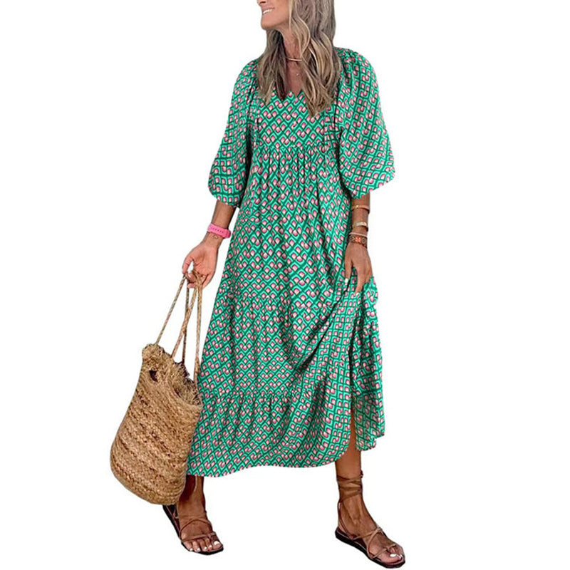 Boho Printed Ruffle Midi Dress