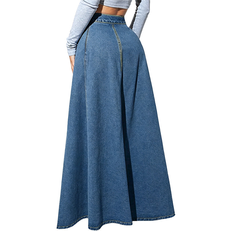High Waist Button Front Denim Maxi Skirt