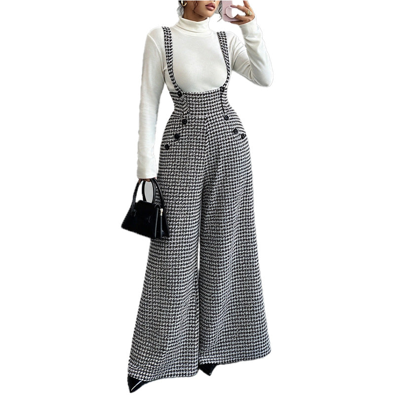 Houndstooth Wide-Leg Overall Jumpsuit