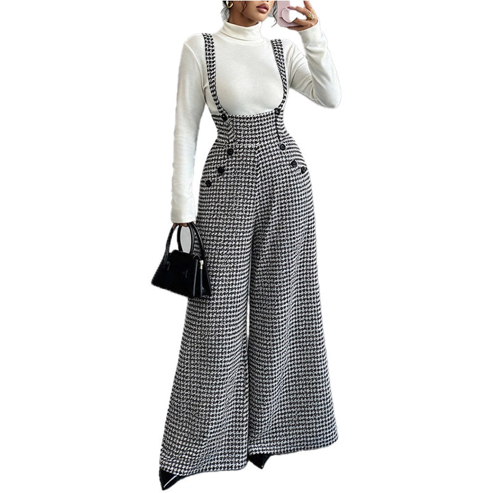 Houndstooth Wide-Leg Overall Jumpsuit