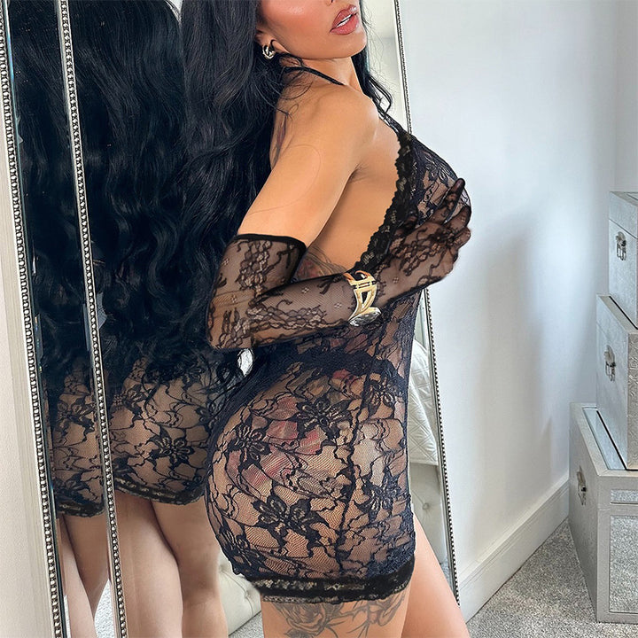 Sheer Lace Dress With Gloves Set