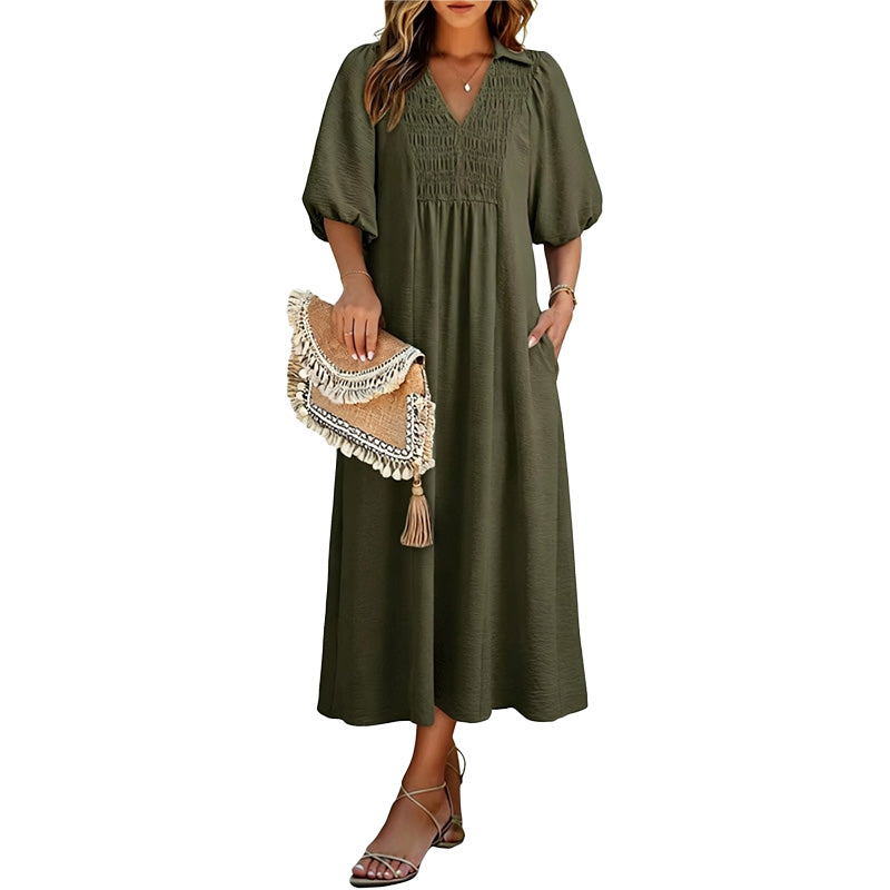 Smocked V Neck Maxi Dress
