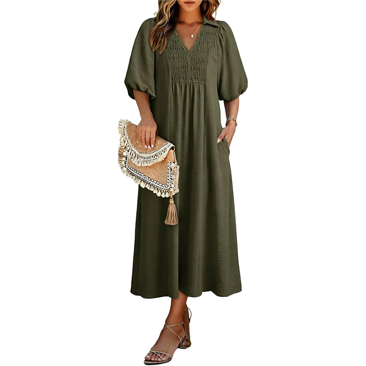 Smocked V Neck Maxi Dress