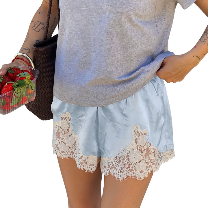 Satin Lace Trim High-Waisted Shorts