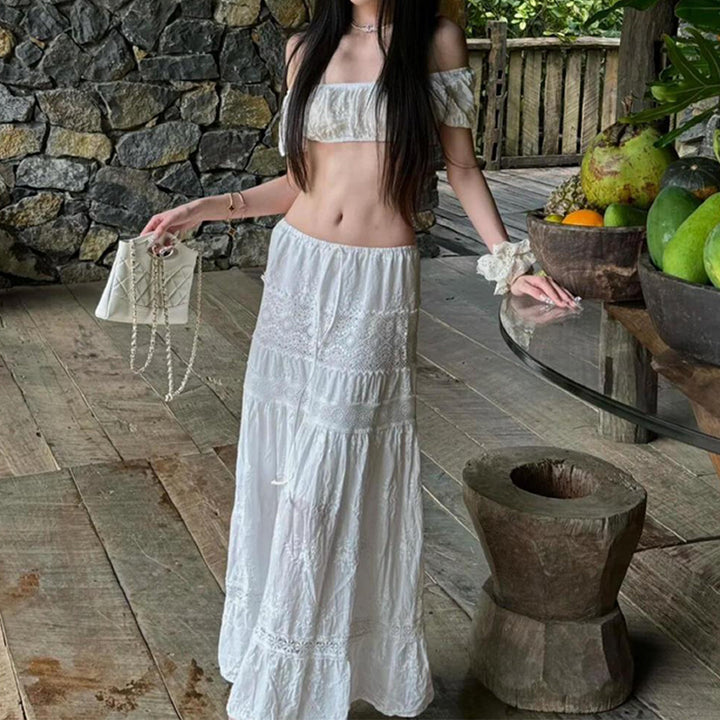 Bohemian style embroidered off-shoulder two-piece set
