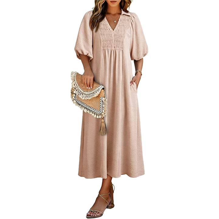 Smocked V Neck Maxi Dress