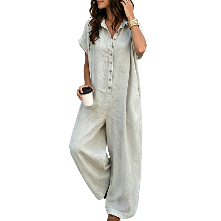 Relaxed Button Front Wide Leg Jumpsuit A
