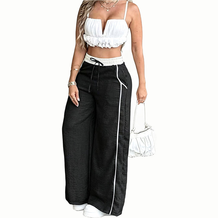 Contrast Trim Wide Leg Pants