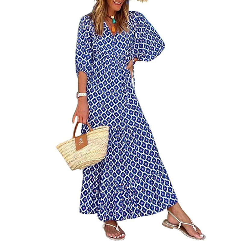 Boho Printed Ruffle Midi Dress