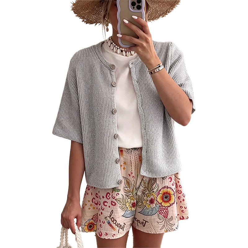Textured Short Sleeve Button Cardigan