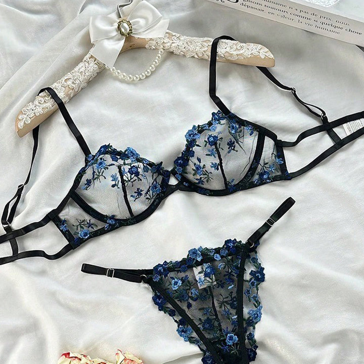 Floral Embroidery Mesh Lingerie Set