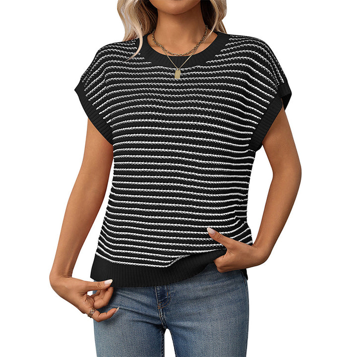 Striped Knit Short Sleeve Sweater
