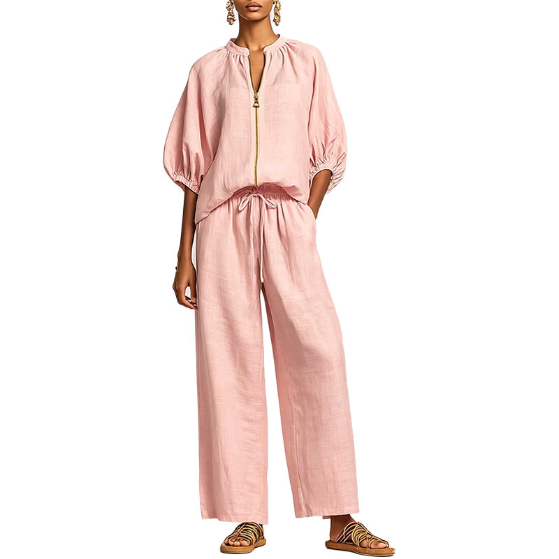 Zip Front Wide Leg Two-Piece Set