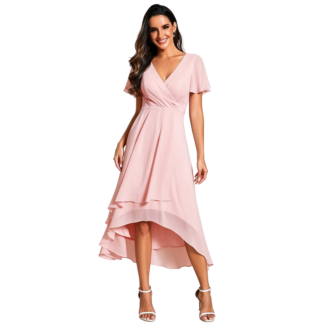 Flutter Sleeve High-Low Midi Dress