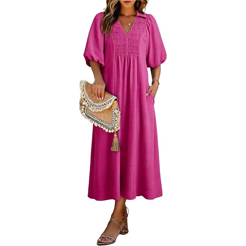 Smocked V Neck Maxi Dress