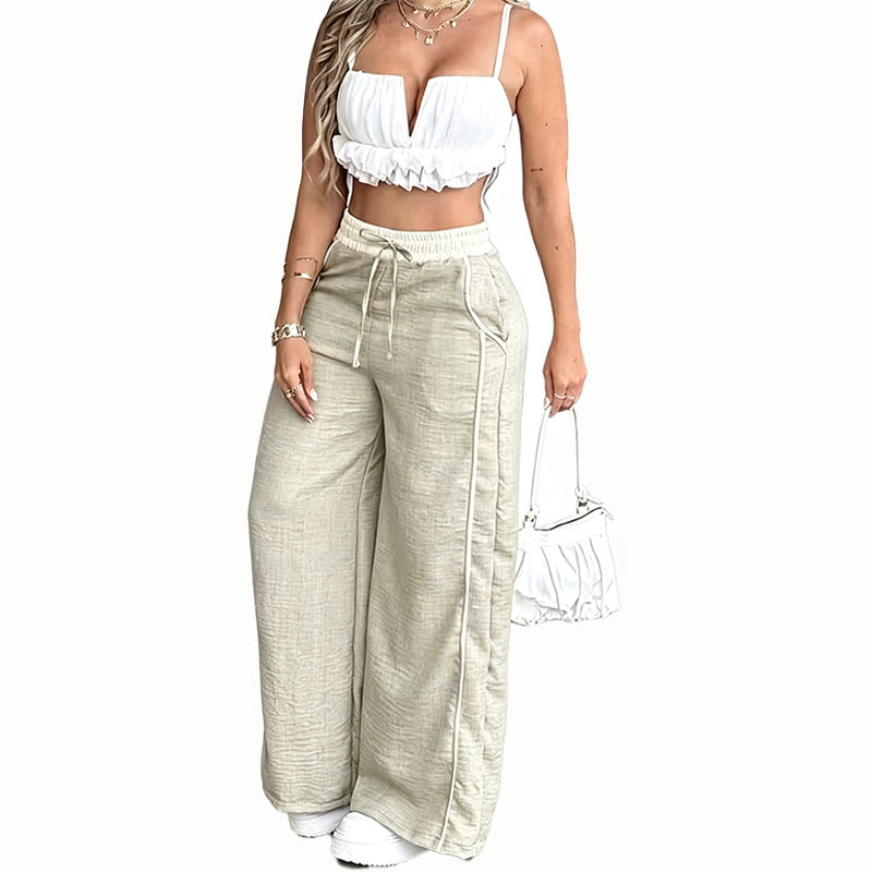 Contrast Trim Wide Leg Pants
