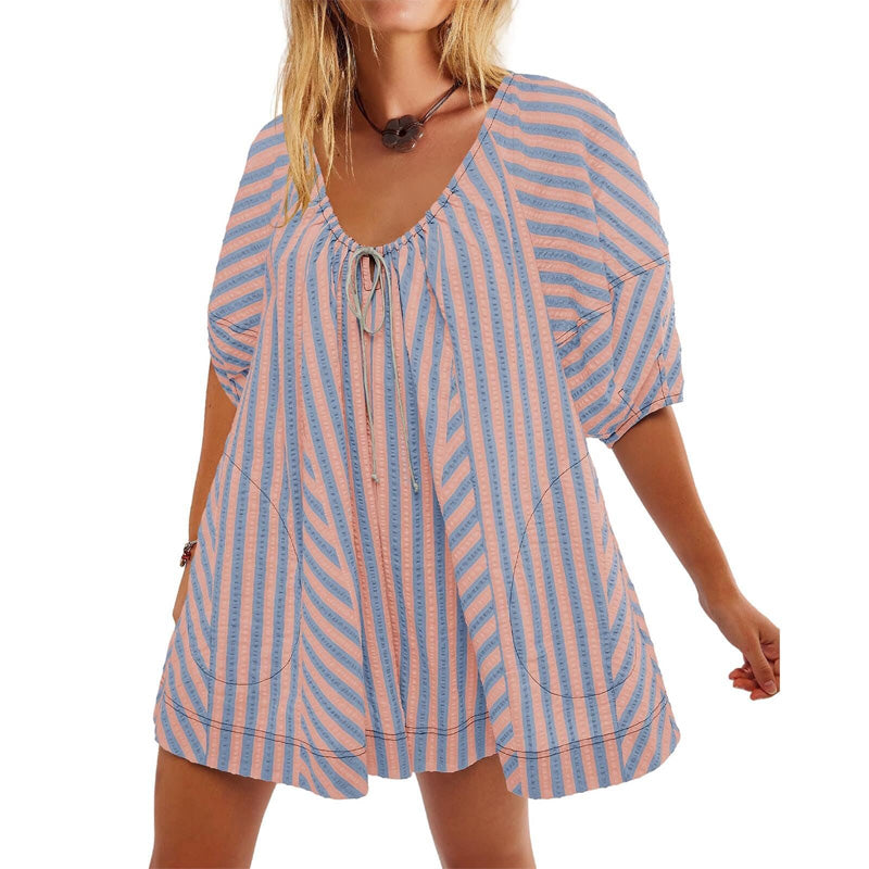 Boho Striped Tie Front Mini Dress