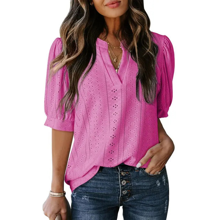 Eyelet V Neck Casual Blouse