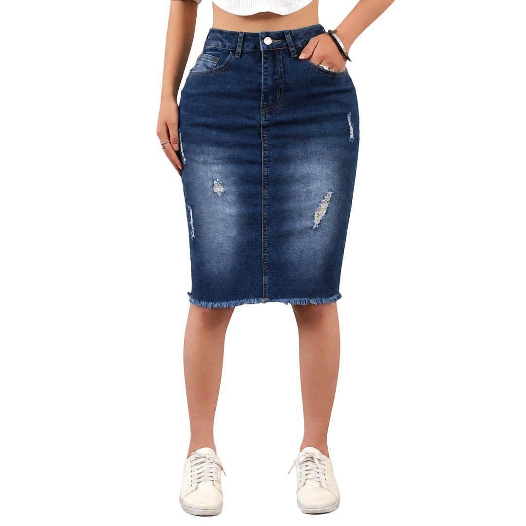 Slim-Fit Distressed Denim Skirt