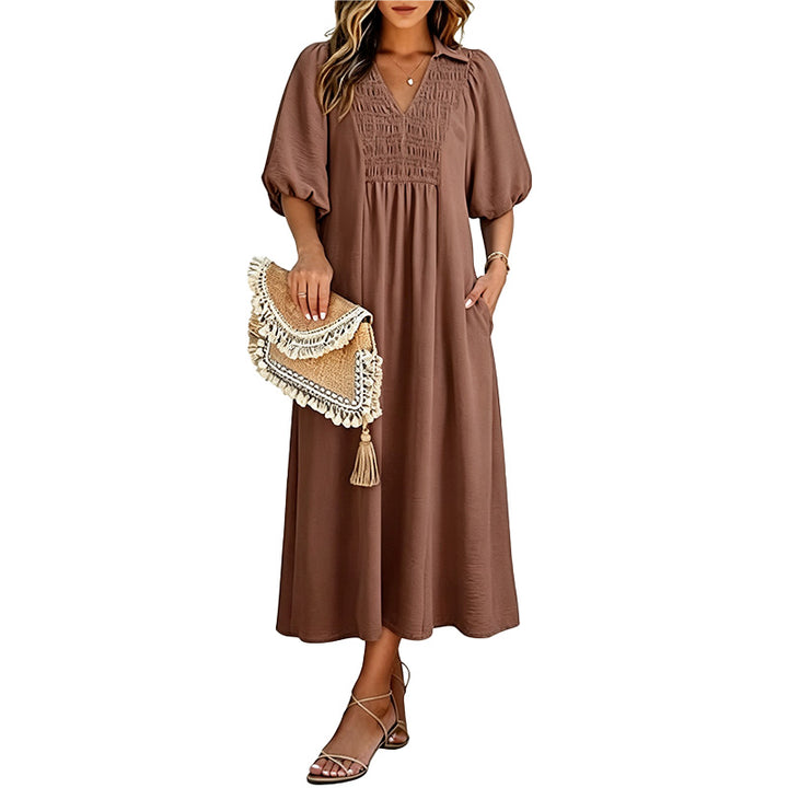 Smocked V Neck Maxi Dress