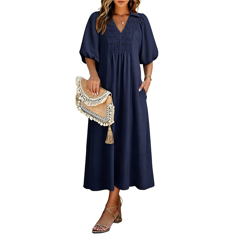 Smocked V Neck Maxi Dress