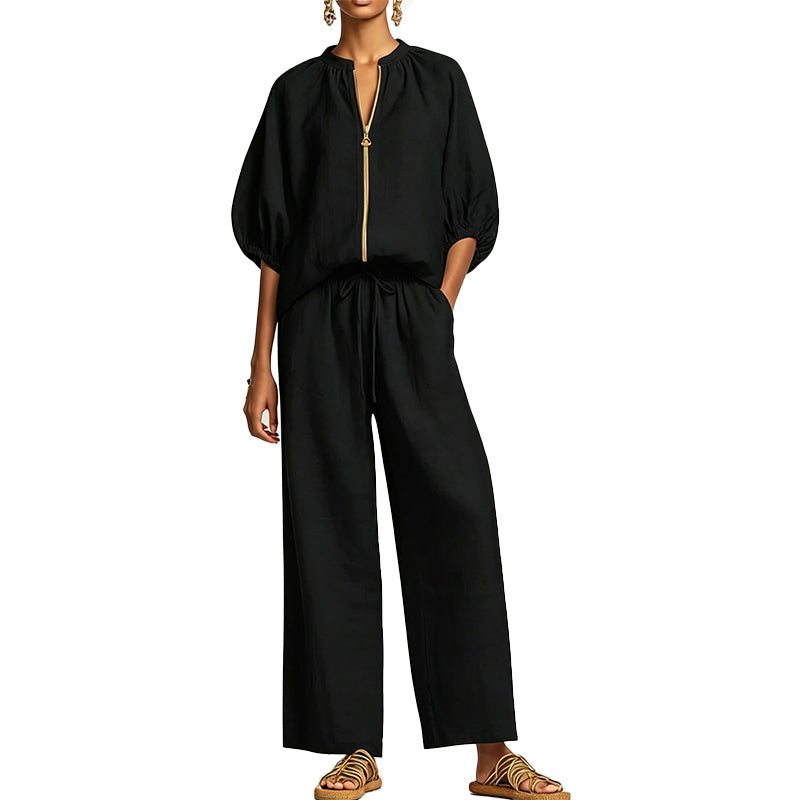 Zip Front Wide Leg Two-Piece Set