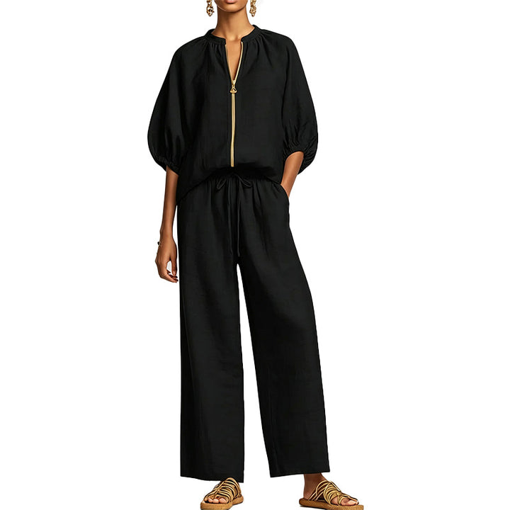 Zip Front Wide Leg Two-Piece Set