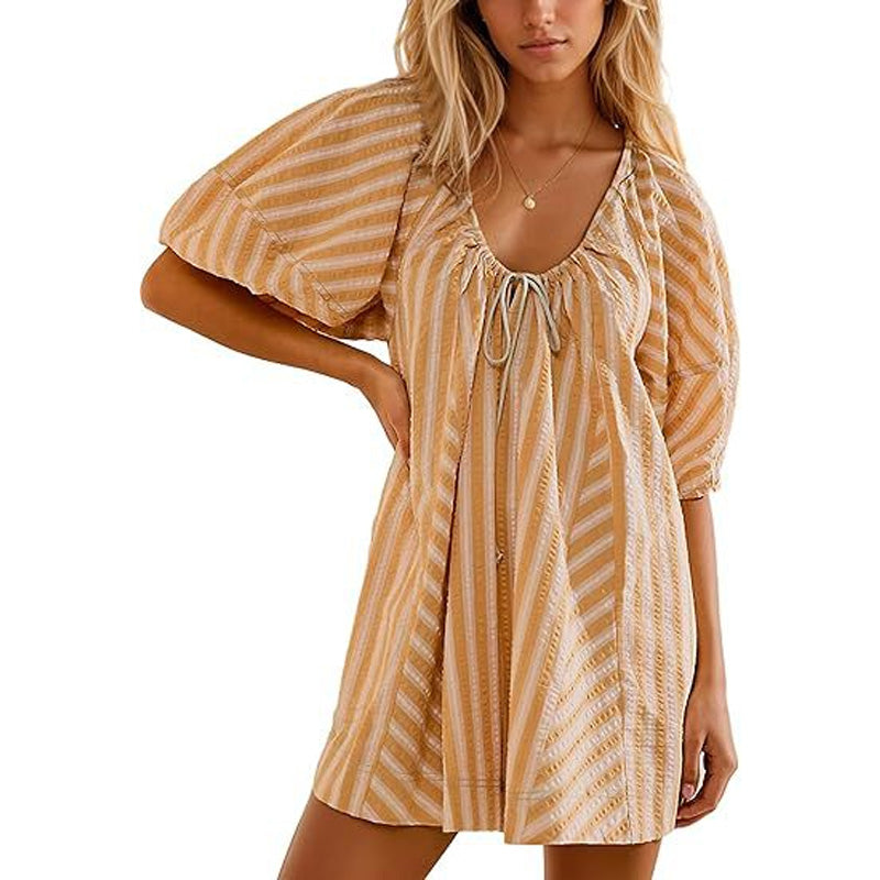 Boho Striped Tie Front Mini Dress