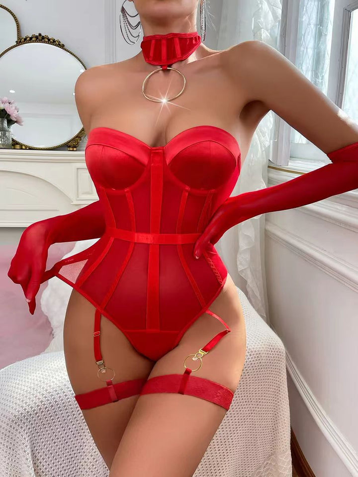 Red Strapless Corset Bodysuit Set – Sheer Lace Lingerie with Garter & Choker