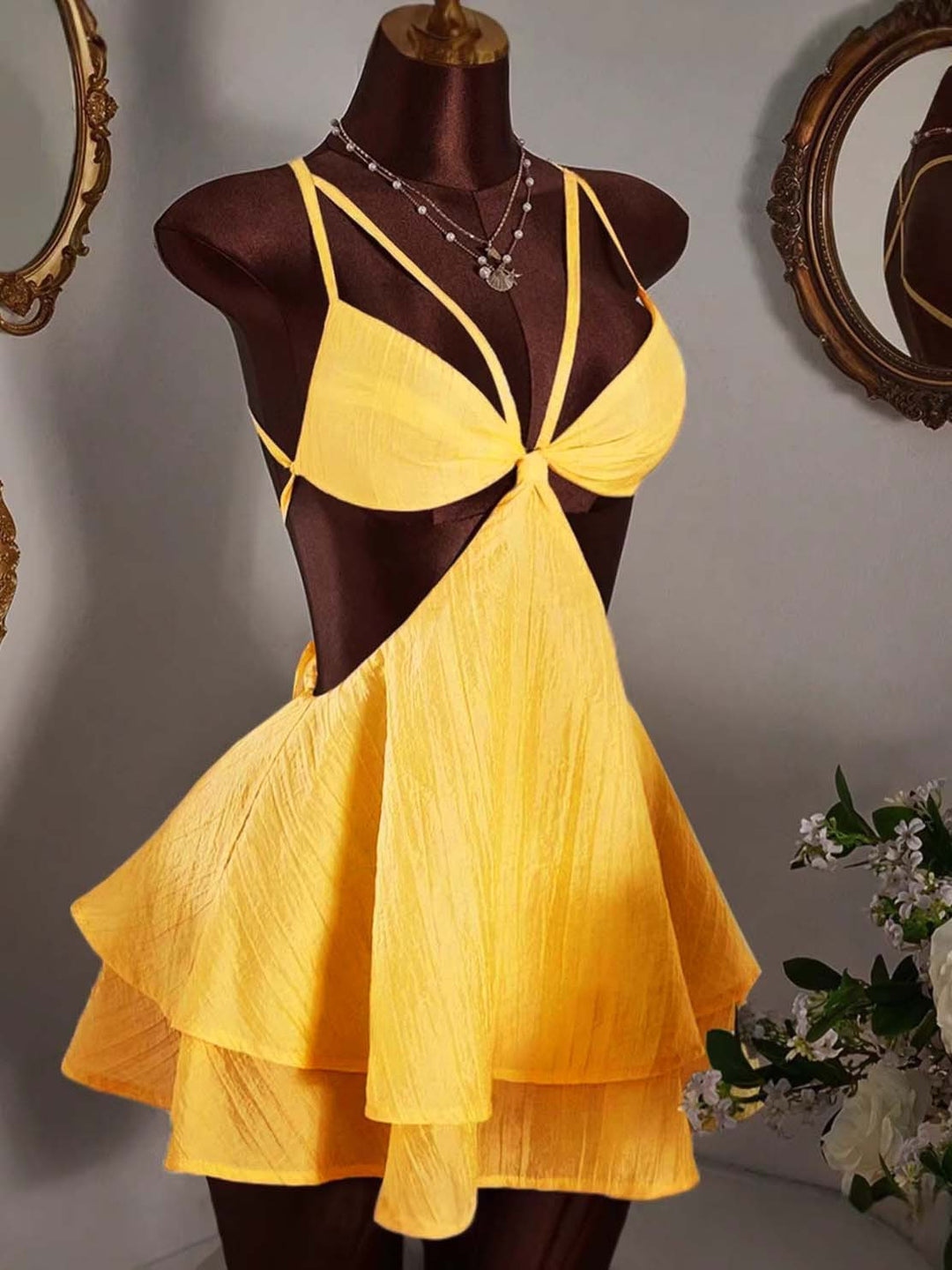 Layered Tie Detail Mini Dress – Cutout Cami Princess Dress for Women