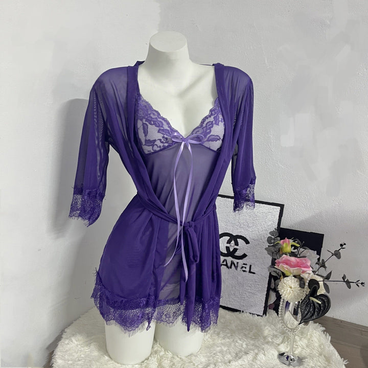 Plus Size Lace Sleepwear Set – Mesh Cami Dress 3-Piece Lounge Set for Women
