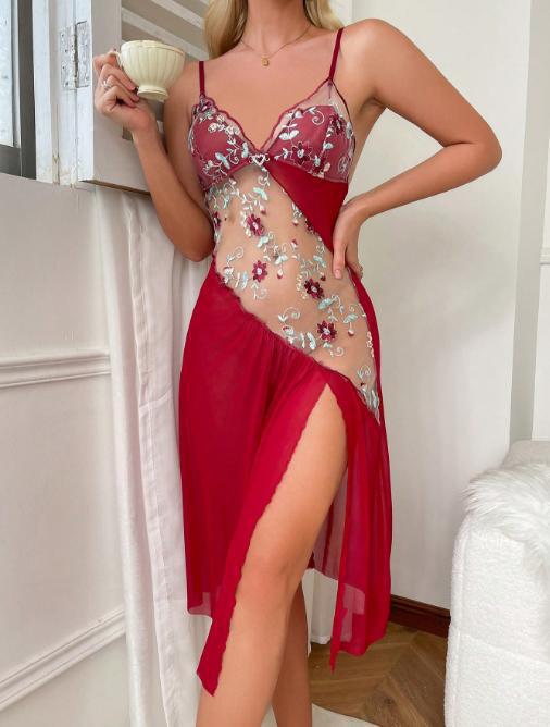 Floral Embroidered Mesh Lingerie Dress
