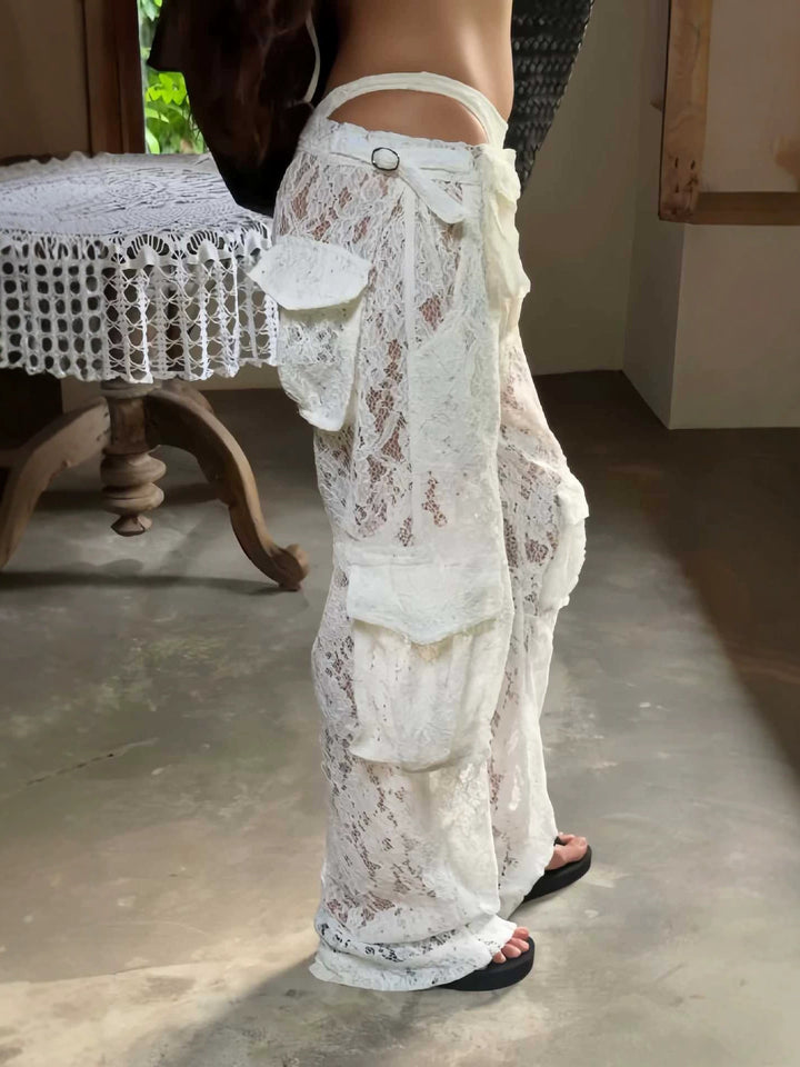 Women’s Lace Cargo Pants – Sheer Wide Leg Cover Up Pants
