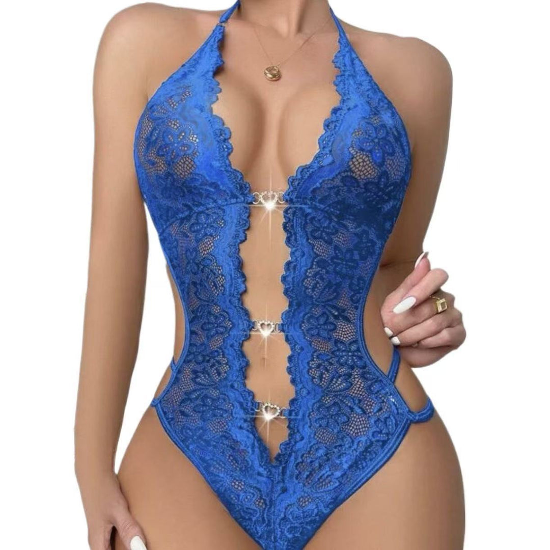 Plus Size Lace Bodysuit – Rhinestone Detail Halter Tie Sheer One-Piece for Women