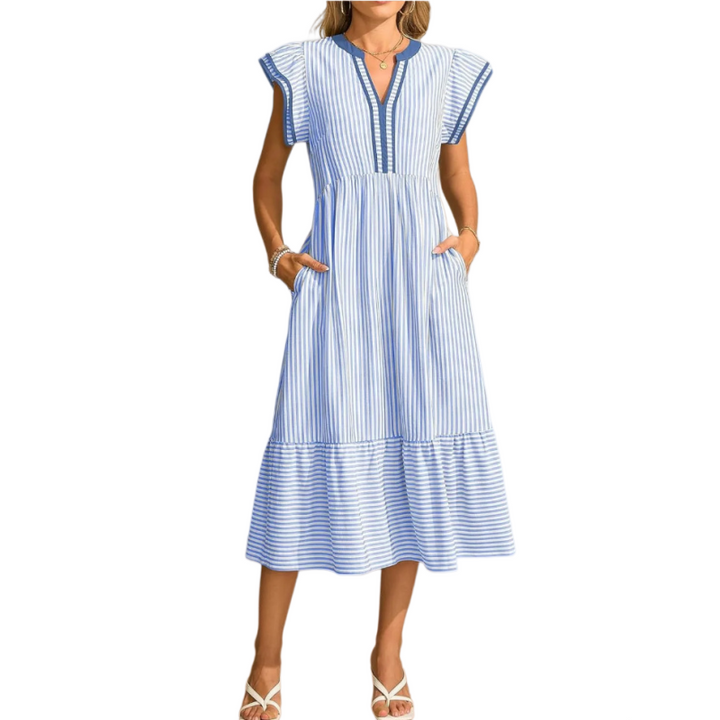 Striped V-Neck Midi Dress with Pockets