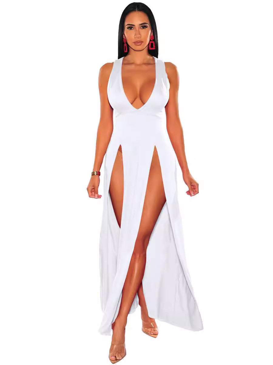 Slim Fit Maxi Dress – Deep V High Slit Party Dress