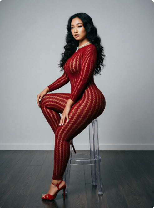 Sheer Seamless Jumpsuit – Long Sleeve Jacquard Bodycon One-Piece for Women