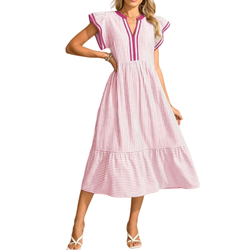 Striped V-Neck Midi Dress with Pockets