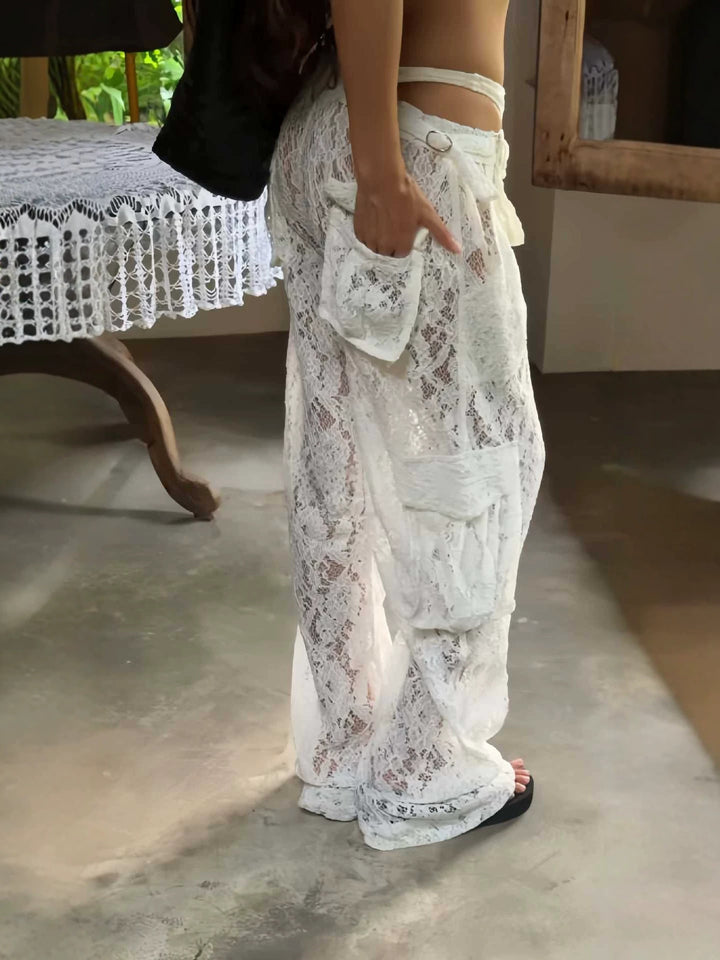Women’s Lace Cargo Pants – Sheer Wide Leg Cover Up Pants