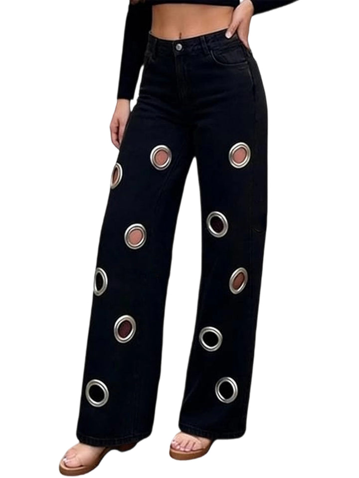 Street Style Jeans – Grommet Detail Straight Leg Denim