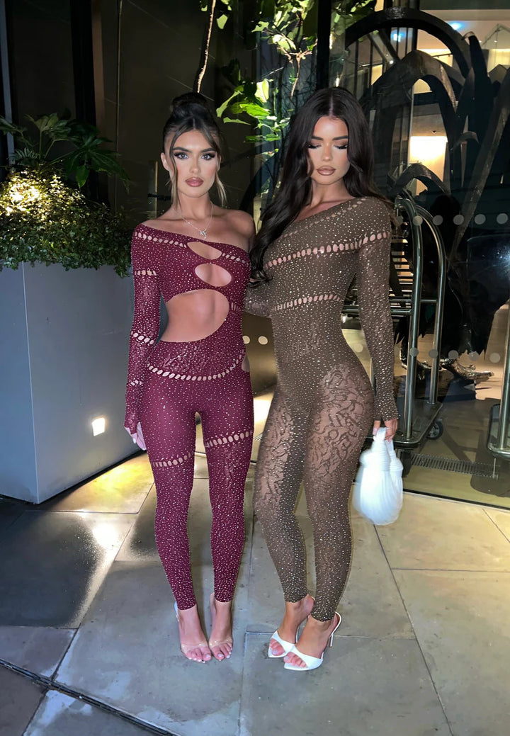Rhinestone Sheer Bodystocking Lingerie – Sparkling Crystal Fishnet One-Piece for Women