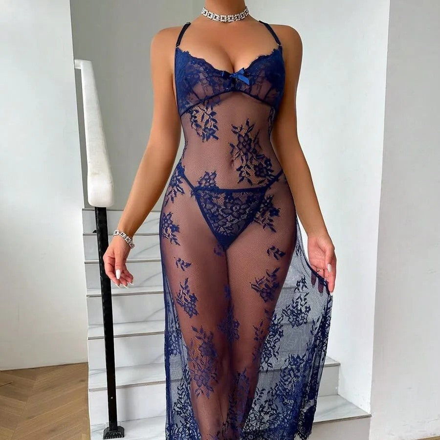 Plus Size Lace Nightdress – Sheer Mesh Spaghetti Strap Slip Dress for Women