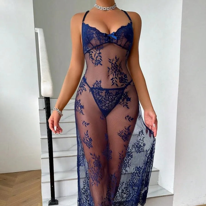 Plus Size Lace Nightdress – Sheer Mesh Spaghetti Strap Slip Dress for Women