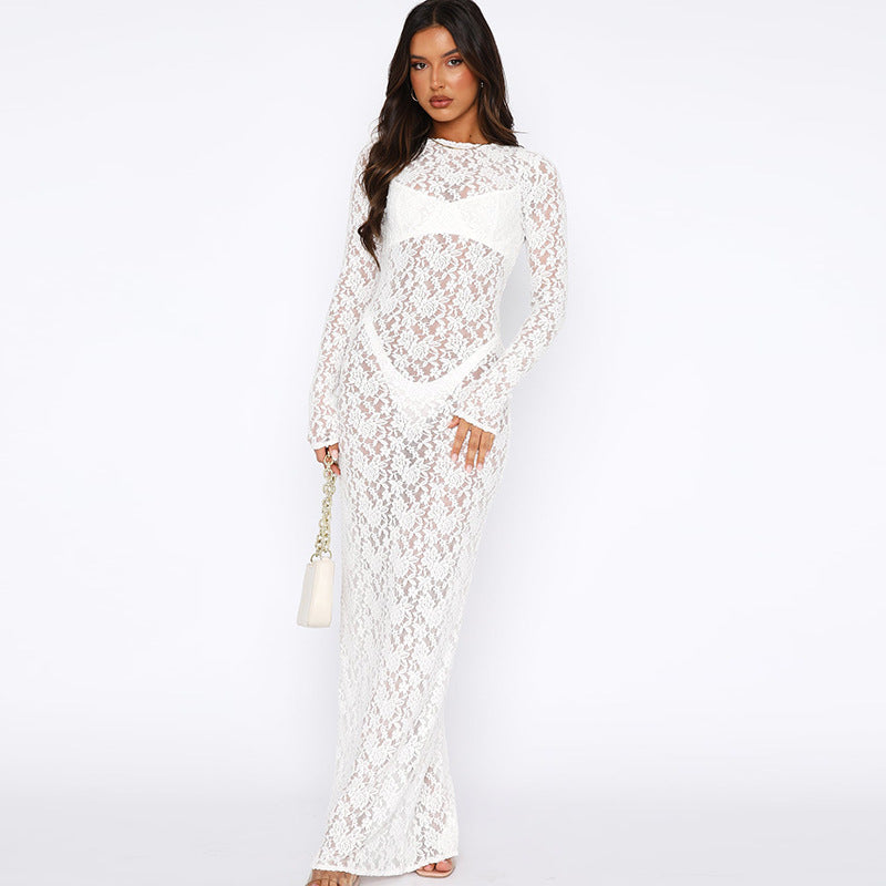 Black Lace Bodycon Maxi Dress – Long Sleeve Elegant Evening Dress for Women
