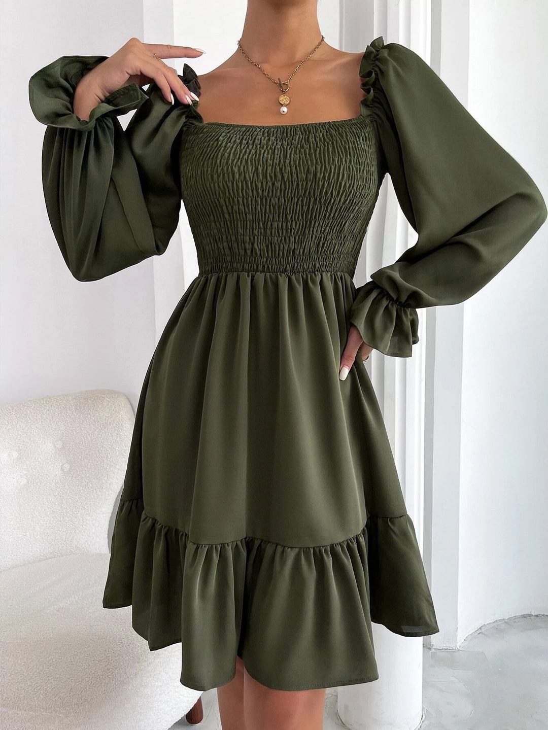 Women’s Square Neck Smocked Ruffle Hem Mini Dress