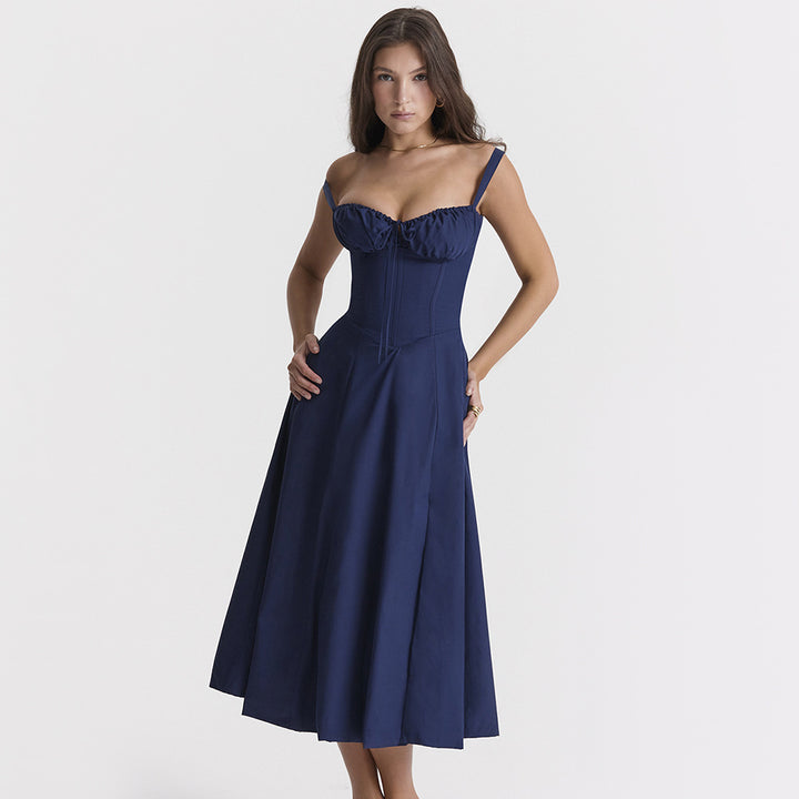 French Style Tie Waist Maxi Dress – A-Line Slit Spaghetti Strap Summer Dress for Women