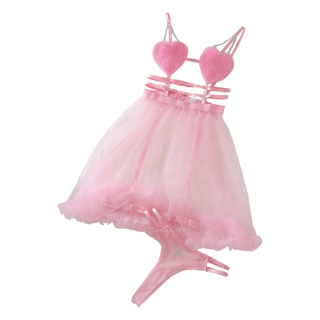 Sheer Mesh Lingerie Set – Heart Detail Spaghetti Strap Slip Dress for Women