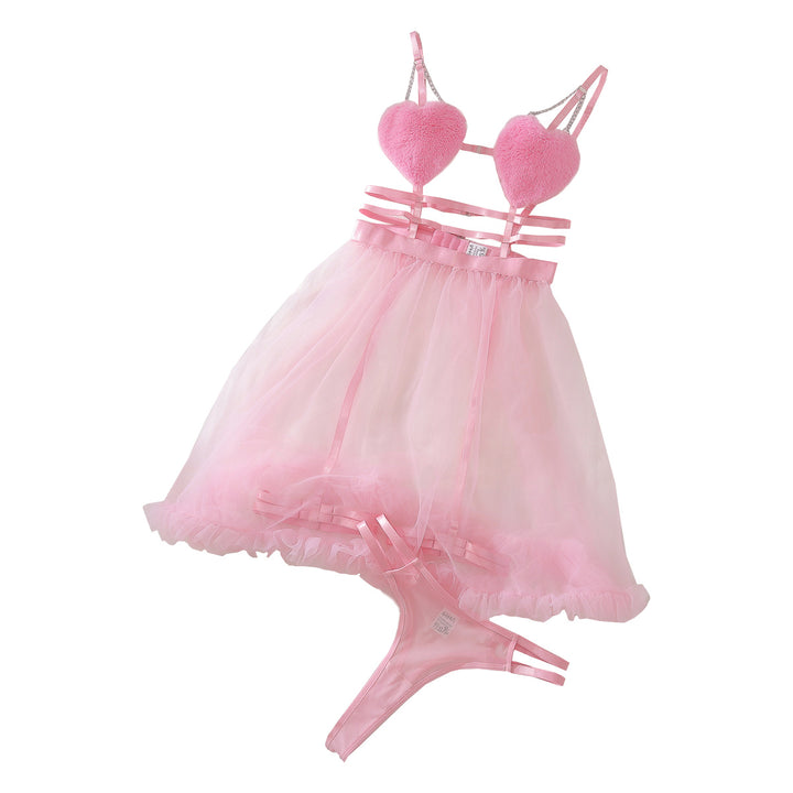 Sheer Mesh Lingerie Set – Heart Detail Spaghetti Strap Slip Dress for Women