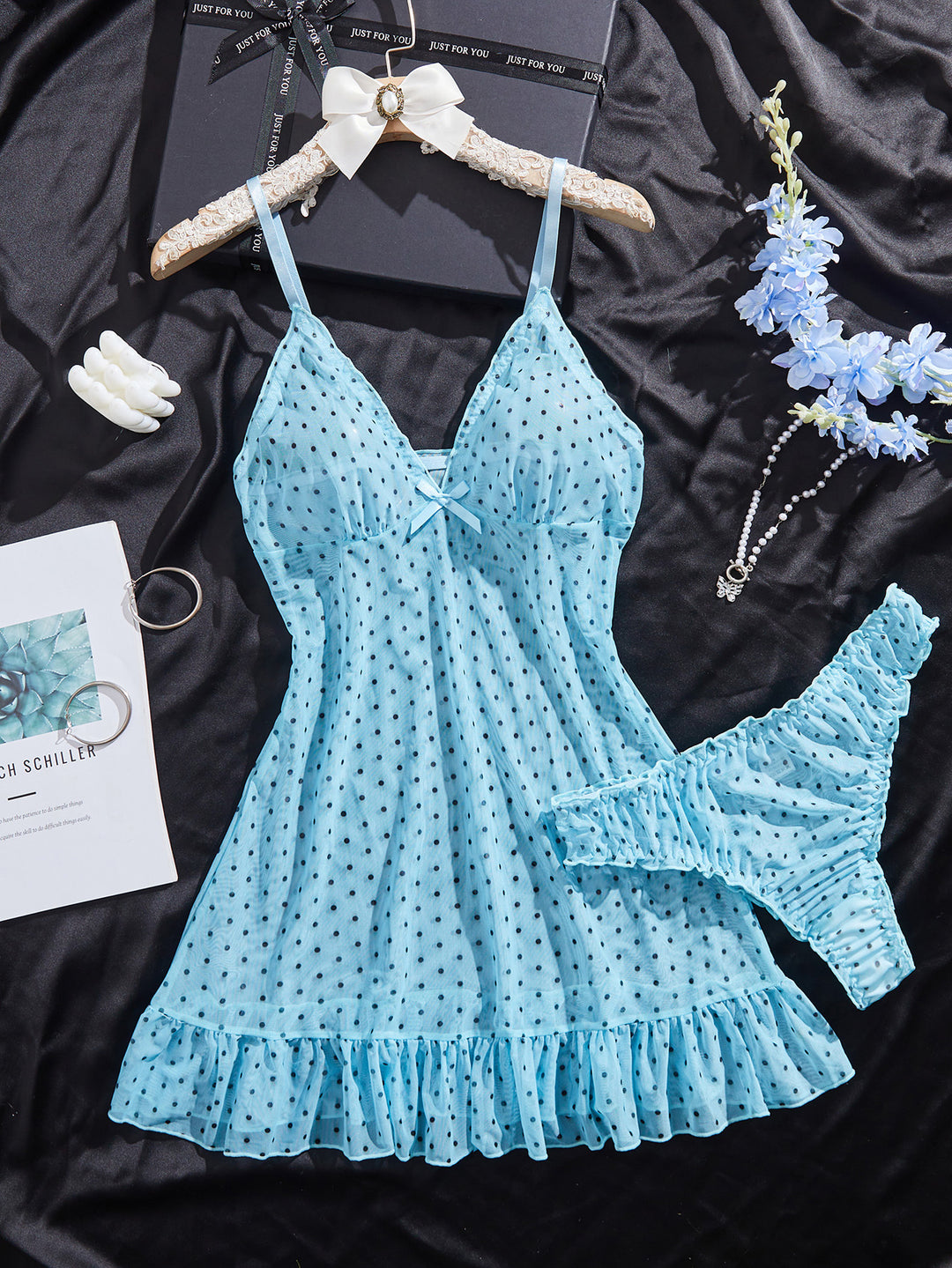 Polka Dot Sheer Mesh Nightdress Set – Lightweight Cami Sleepwear for Women