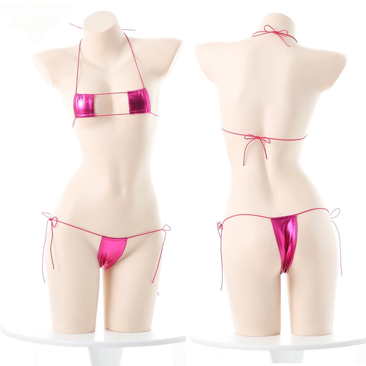 Adjustable String Faux Leather Bikini Set